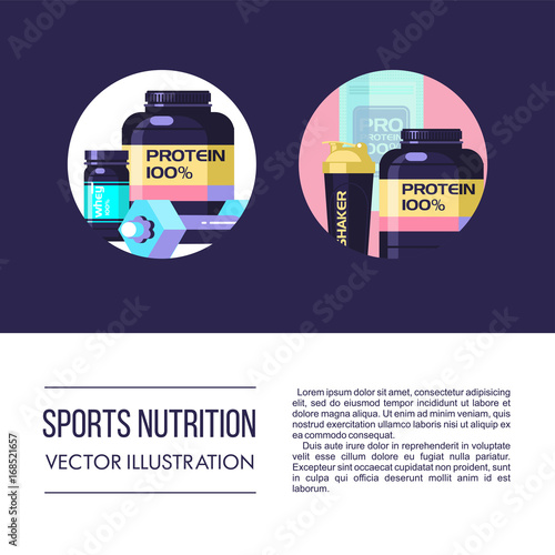 Icons, emblems. Protein, sports nutrition, water, shaker, dumbbell, energy drinks. Vector set of design elements.