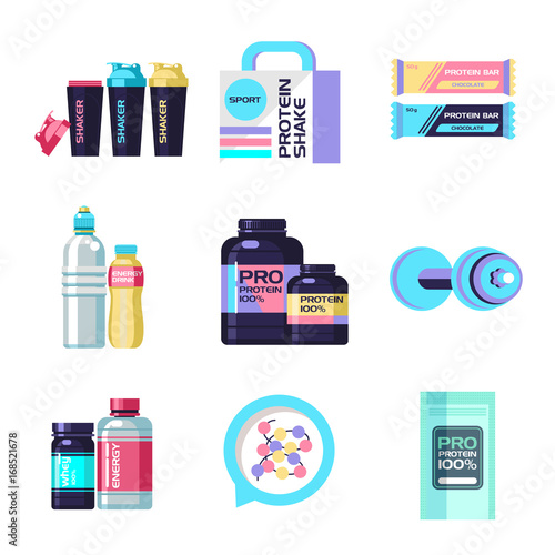Protein, sports nutrition, energy drinks, water, shaker bottle, dumbbells. Set of vector icons, design elements.