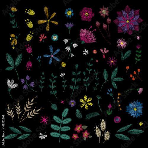 Flowers plant. Traditional folk stylish stylish floral embroidery on the black background. Sketch for printing on fabric, clothing, bag, accessories and design. Vector, trend