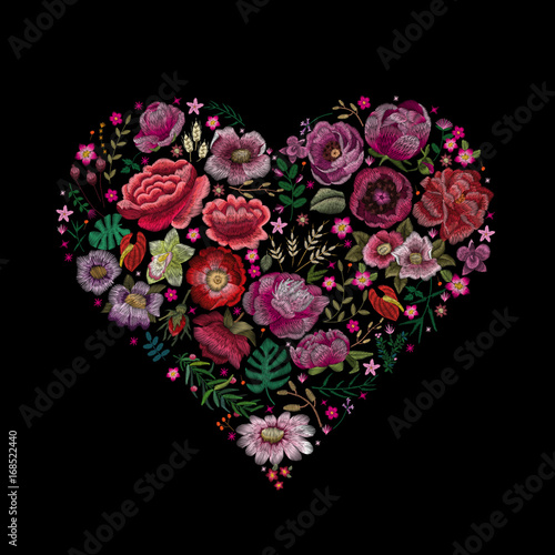 Traditional folk stylish stylish floral embroidery on the black background. Sketch for printing on clothing, fabric, accessories and design. Flower heart. Peonies, roses, orchids, tropical palm trees