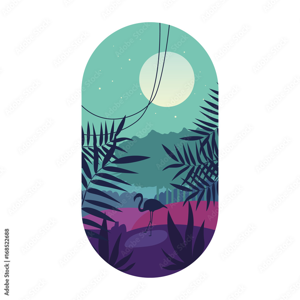 Obraz premium Tropical palm, landscape, silhouette of flamingos, logo design