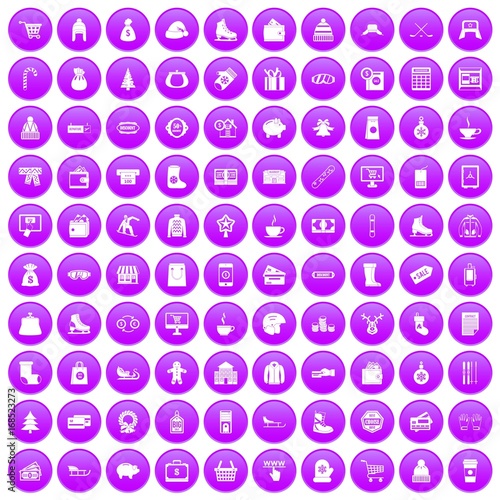 100 winter shopping icons set purple