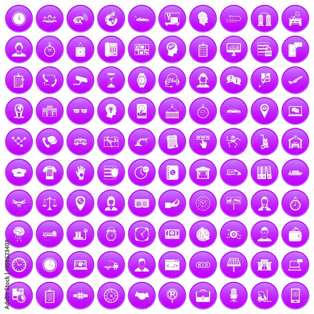 100 working hours icons set purple 100 working hours icons set purple