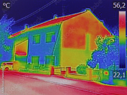 Infrared thermovision image showing lack of thermal insulation on Residential building