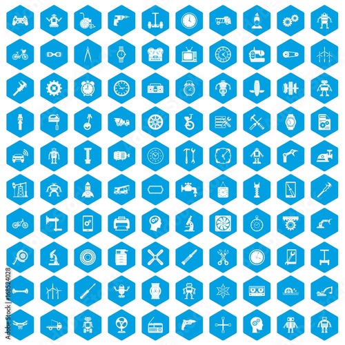 100 gear icons set blue