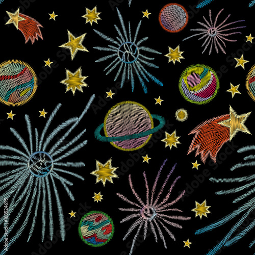 Space, stars, planets. Traditional folk stylish stylish embroidery stitch on a black background. Sketch for printing on clothing, fabric, bag, accessories and design. vector