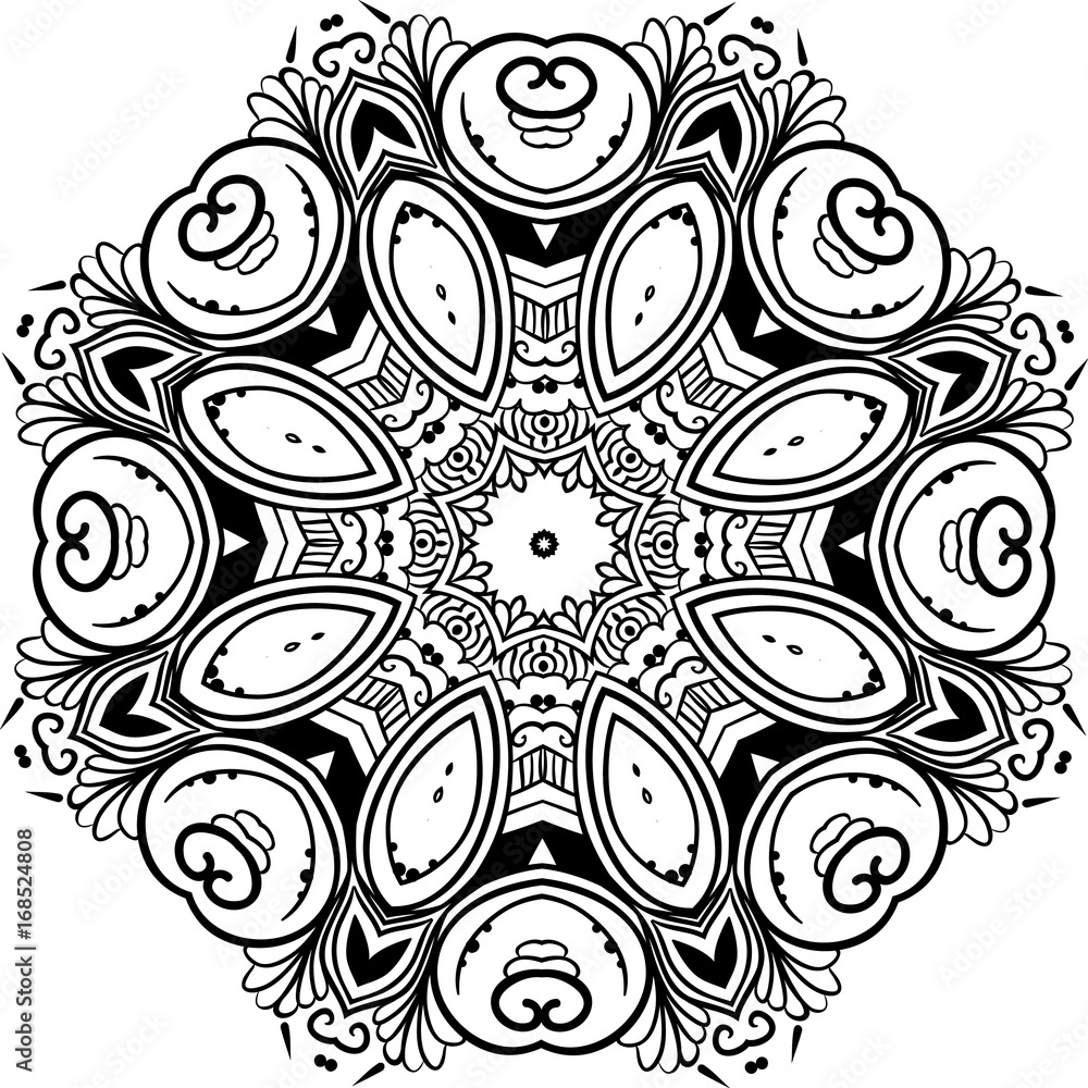 Drawing of a abstract vector with floral round lace mandala, decorative element in ethnic tribal style, black line art on a white background Drawing of a abstract vector with floral round lace mandala, decorative element in ethnic tribal style, black line art on a white background
