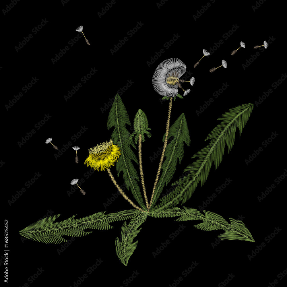 Obraz premium dandelion. Traditional folk stylish stylish floral embroidery on the black background. Sketch for printing on clothing, fabric, accessories, bag and design. Trend, vector