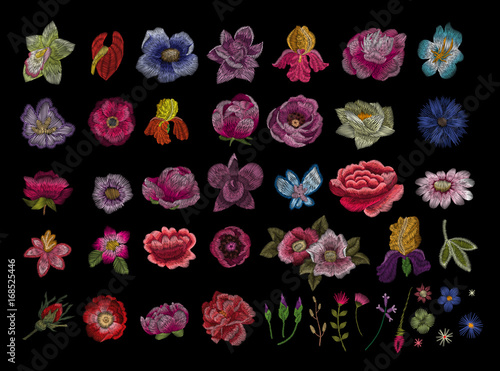 Large floral collection. Set Peony. Traditional folk stylish stylish floral embroidery on the black background. Sketch for printing on clothing, fabric, masks, accessories and design. Trend vector