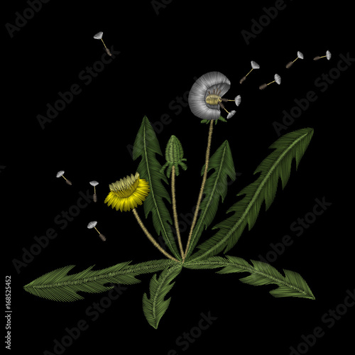 Fototapeta Naklejka Na Ścianę i Meble -  dandelion. Traditional folk stylish stylish floral embroidery on the black background. Sketch for printing on clothing, fabric, accessories, bag and design. Trend, vector