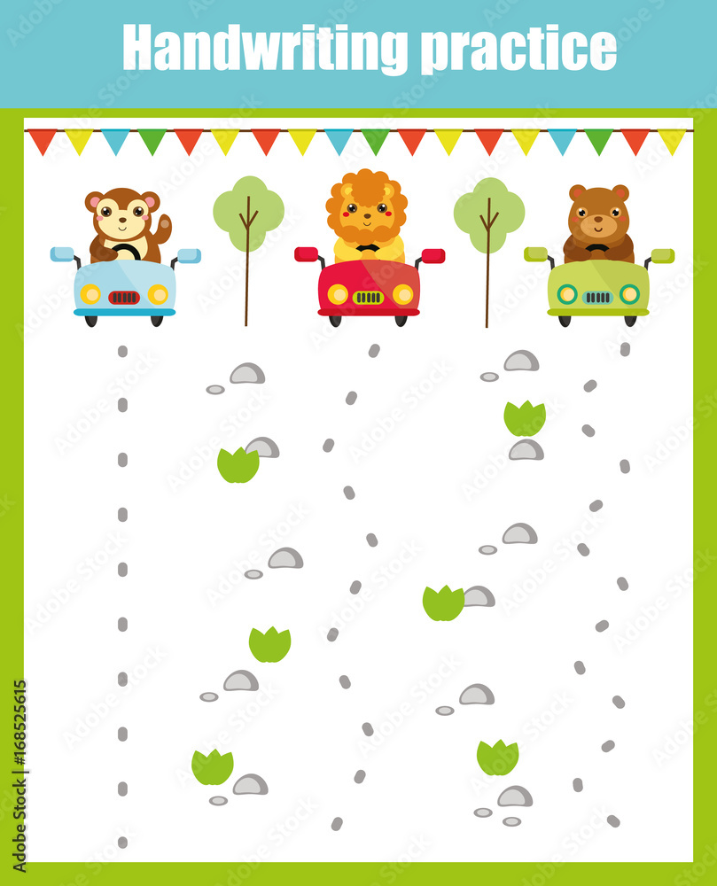 Handwriting practice sheet. Educational children game, printable worksheet for kids. Writing training printable worksheet with with wavy lines and animals Handwriting practice sheet. Educational children game, printable worksheet for kids. Writing training printable worksheet with with wavy lines and animals