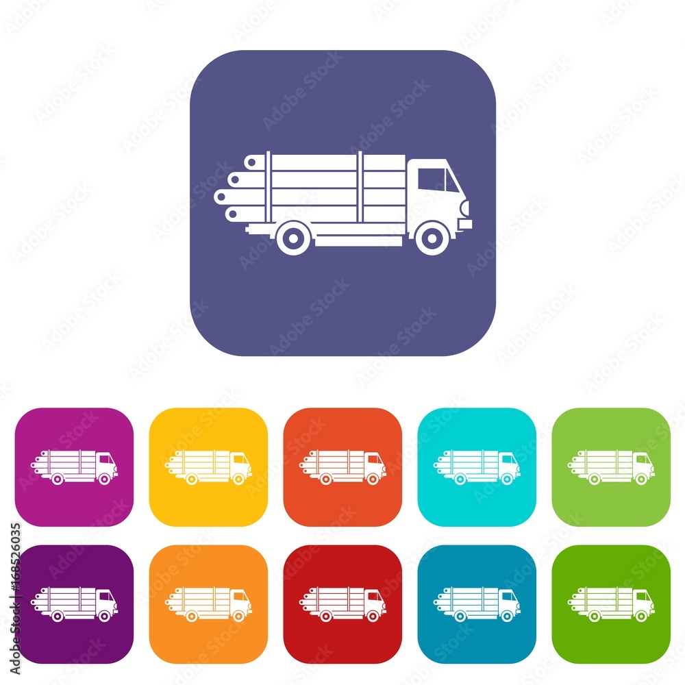Log truck with the pile of logs icons set Log truck with the pile of logs icons set