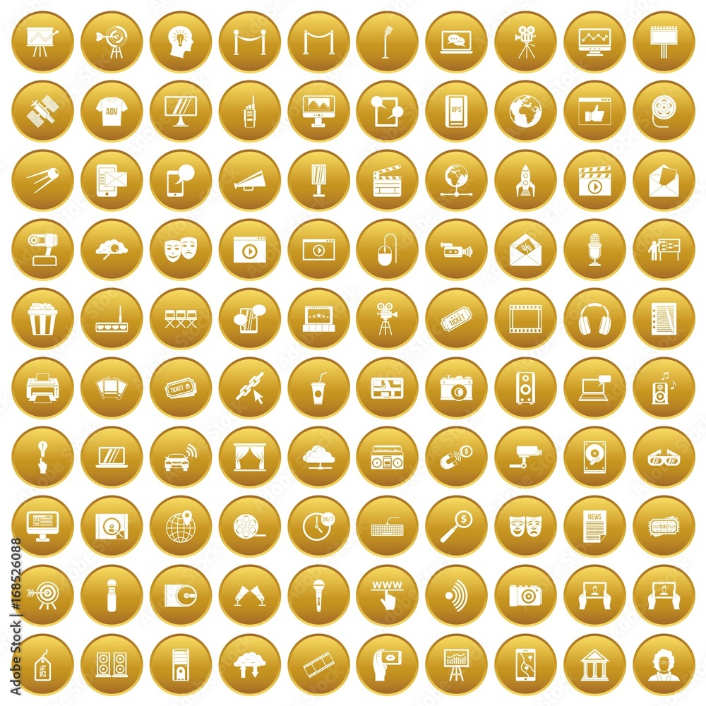 100 multimedia icons set gold 100 multimedia icons set gold