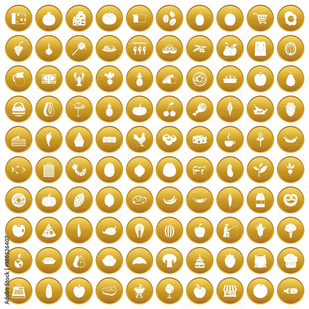100 natural products icons set gold 100 natural products icons set gold