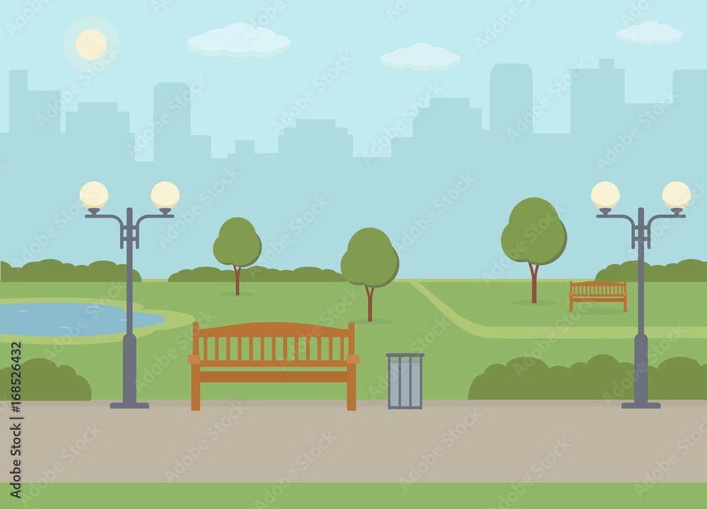 Plakat Public park in the city. Summer landscape background. Vector illustration.