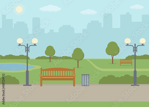 Public park in the city. Summer landscape background. Vector illustration. 