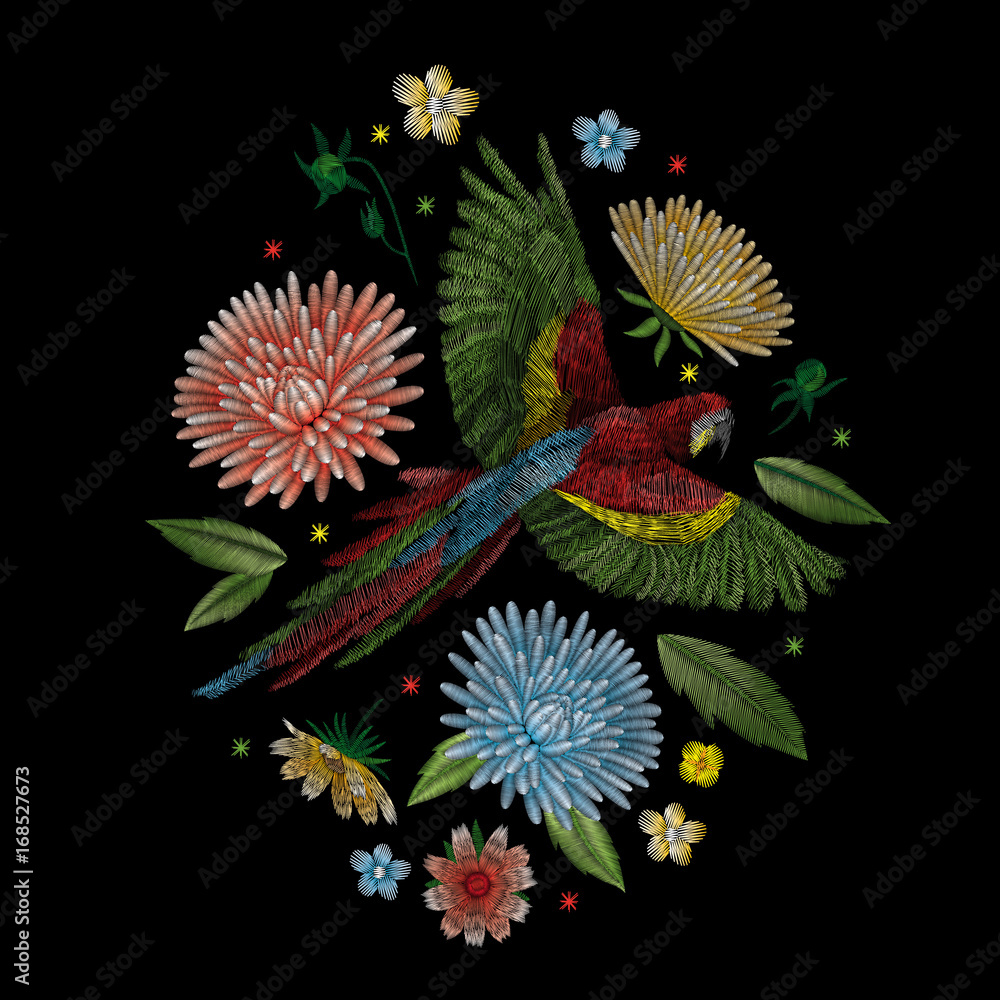 Obraz premium Parrot ara and dahlia flower. Traditional folk stylish stylish embroidery on the black background. Sketch for printing on fabric, clothing, bag, accessories and design. Trend vector