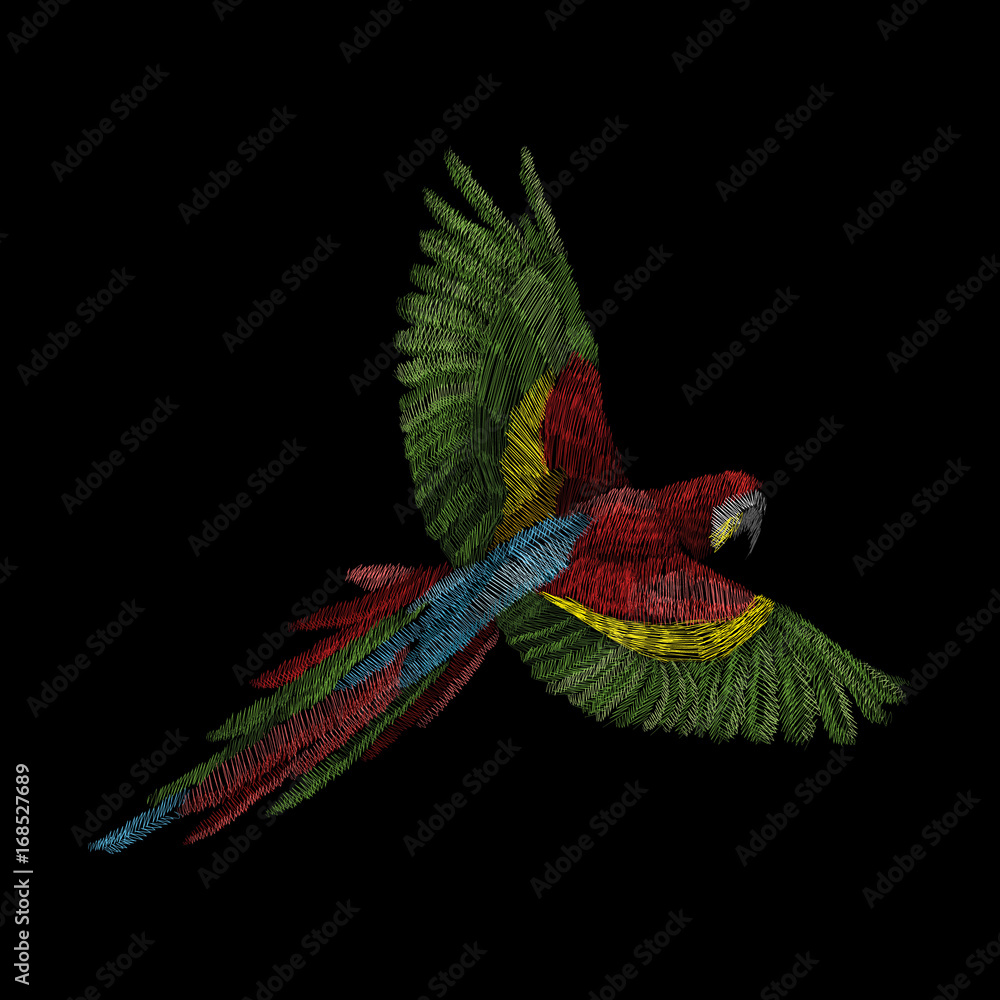 Fototapeta premium Parrot ara and dahlia flower. Traditional folk stylish stylish embroidery on the black background. Sketch for printing on fabric, clothing, bag, accessories and design. Trend vector
