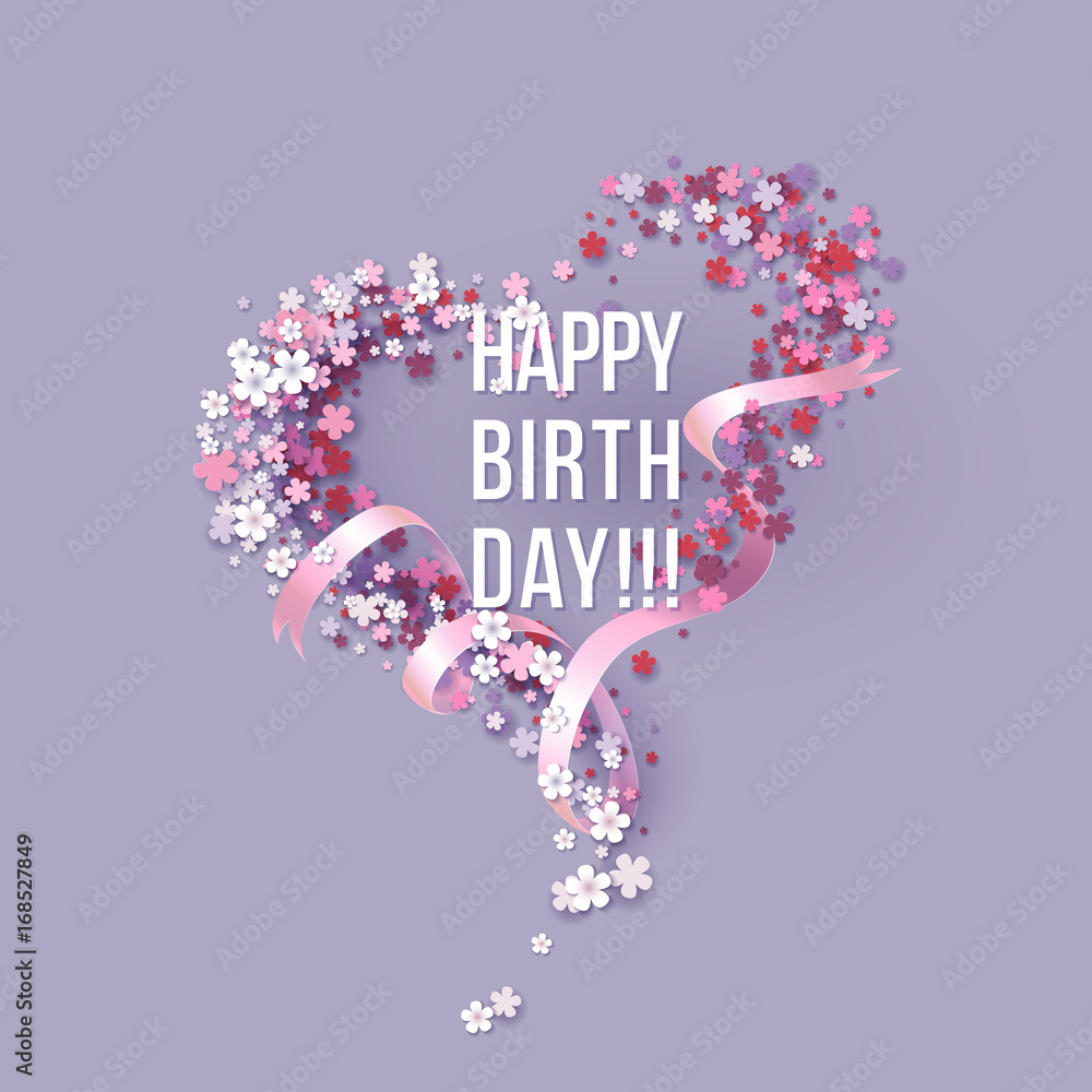 Colorful Paper cut Floral Greeting card. Happy birthday title texts poster  design. Frame flowers heart shaped. Trendy Design Template. Vector  illustration Stock Vector | Adobe Stock