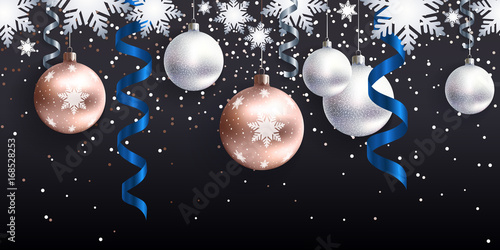 Festive Christmas decoration for website  social networks  blog or your video channel. Seamless horizontal pattern. The endless tape. Vector. EPS10. Christmas balls and serpentine on black background.