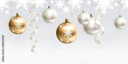 Festive Christmas decoration for website, social networks, blog or your video channel. Light seamless horizontal pattern. The endless tape. Vector. EPS10. White and gold christmas balls and serpentine