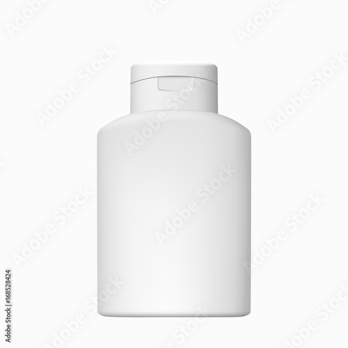 Cosmetic bottle vector isolated. Mock up of white plastic package for shampoo, cream or lotion with shadow.