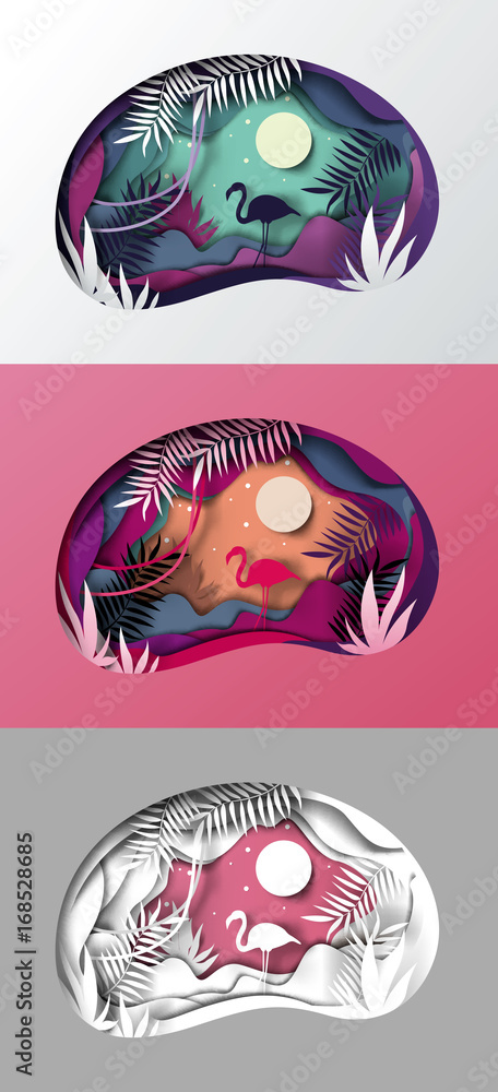 Fototapeta premium set the Slice of paper, origami, tropical landscape. Sun, silhouette of nature flamingo, vector