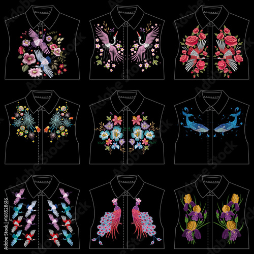 Crane, peacock, irises, flowers, plant. Traditional folk stylish stylish embroidery on the black background. Sketch for printing on clothing, fabric, bag, accessories and design. Vector, trend
