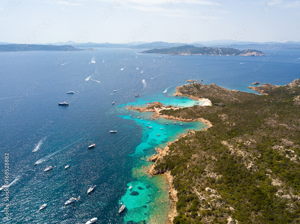 Aerial view of  Razzoli island, Santa Maria island and Budelli Iisland. Maddalena archipelago. Sardinia