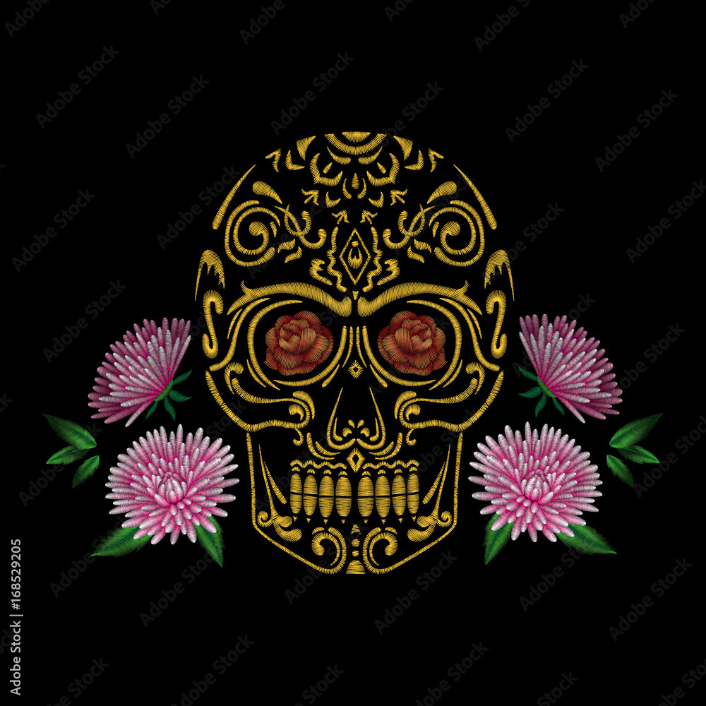 Fototapeta premium Skull and red roses. Traditional folk flower stylish embroidery on the black background. Sketch for printing on fabric, clothing, bag, accessories and design. Vector, trend