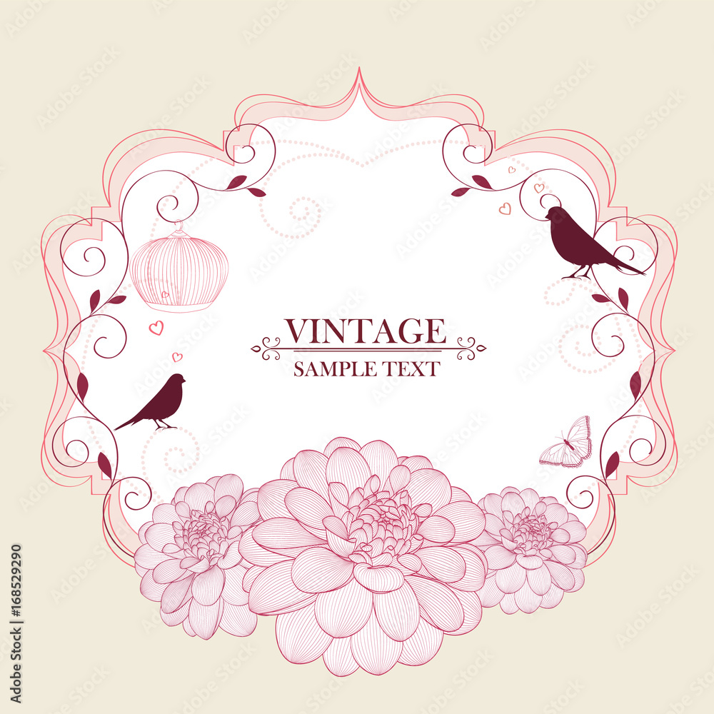 Floral frame with butterfly, birds and flower dahlia. Element for design. Vector illustration. Floral frame with butterfly, birds and flower dahlia. Element for design. Vector illustration.