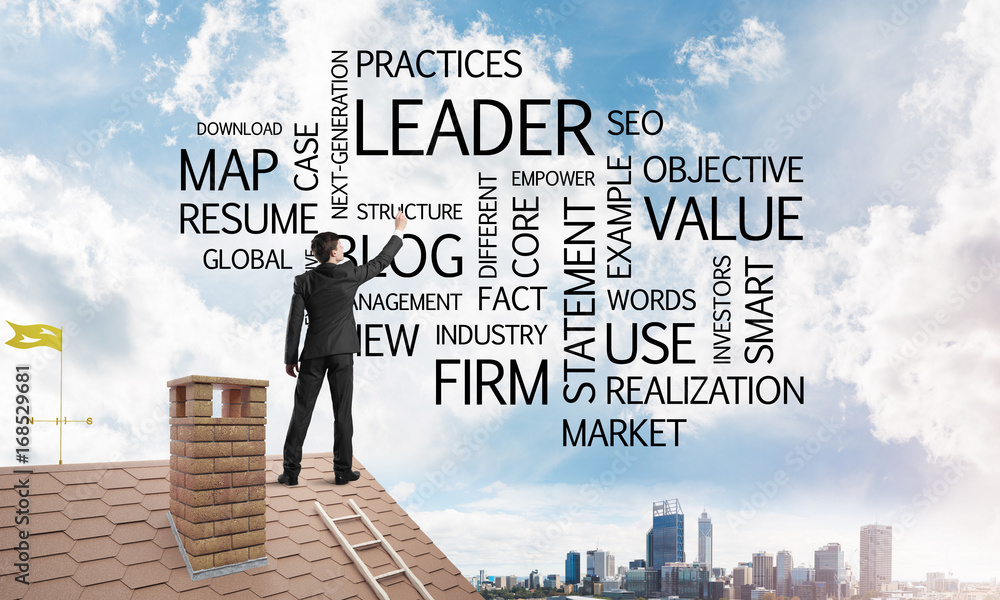 Young businessman standing on house roof and writing leadership skill concept. Mixed media Young businessman standing on house roof and writing leadership skill concept. Mixed media
