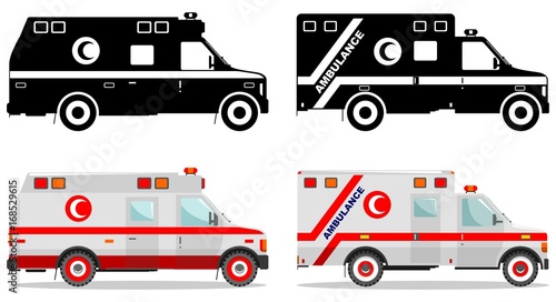 Medical concept. Different kind muslim car ambulances isolated on white background in flat style: colored and black silhouette. Vector illustration.
