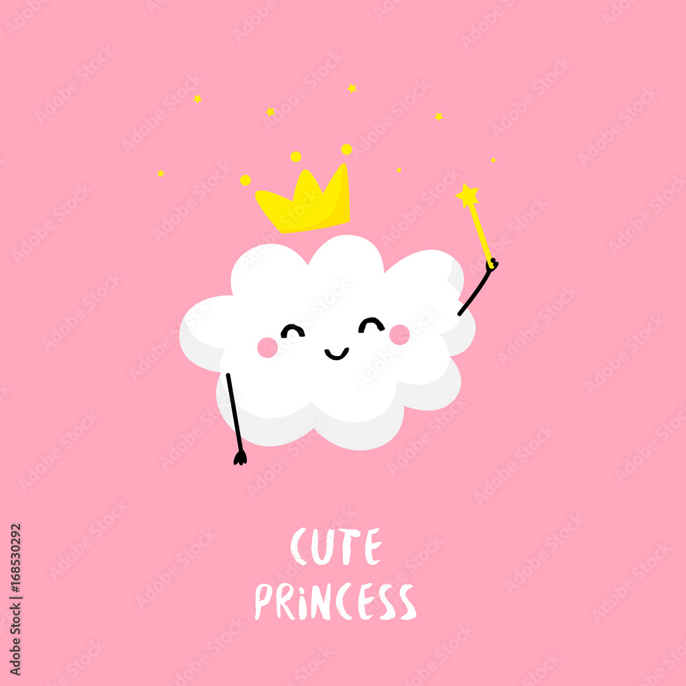 Cute cloud princess with a magic wand. Flat style. Vector card.