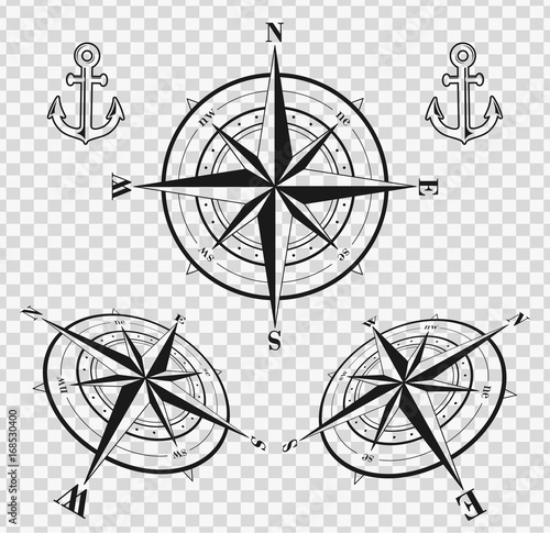 Set of black compass roses or wind roses silhouettes on transparent background. Vector illustration.