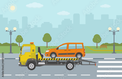 Orange car on tow truck, on city background. Vector illustration. 