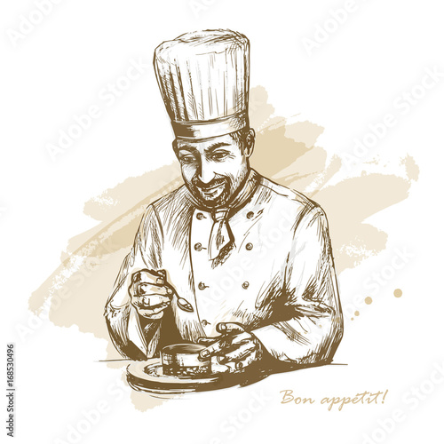 Smiling and happy male chef garnishing food. Vector hand drawn illustration on artistic watercolor background.