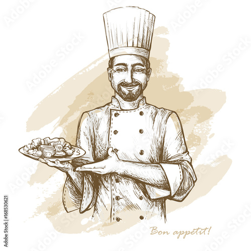 Smiling and happy chef with plate. Vector hand drawn illustration on artistic watercolor background.t