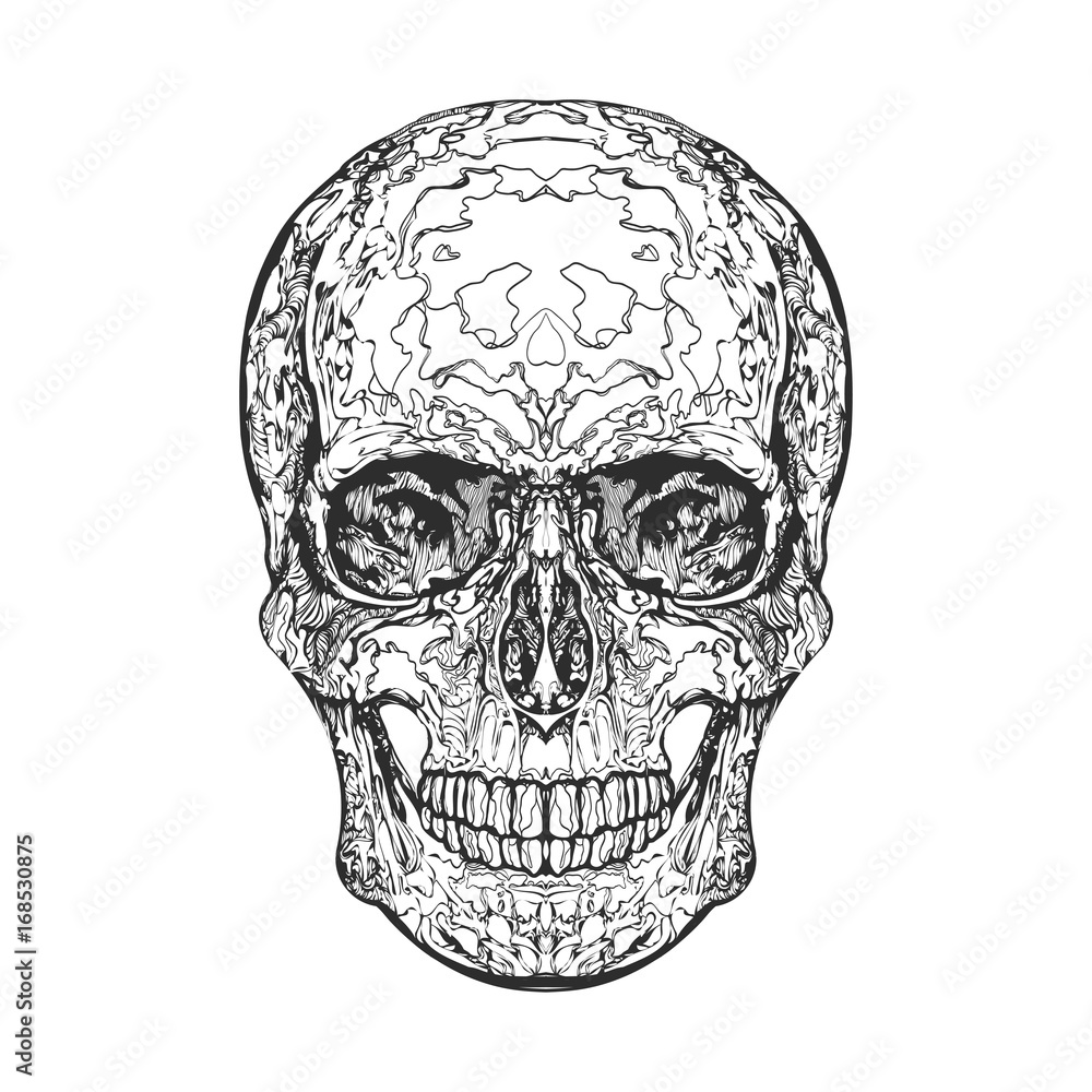 Black skull on white background. Vector skull for print, emblem, t-shirt design, cards, labels.