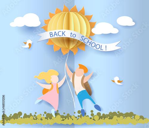 Back to school 1 september card with kids, leaves and sun on blue sky background. Vector illustration. Paper cut and craft style.