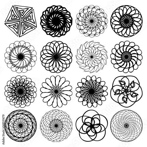 Beautiful boho round set with mandala. Sacred Geometric circle elements made in hand drawn ethnic art. Flash tattoo sketch. Astrology, alchemy, spiritual magic symbol hatching. Vector.