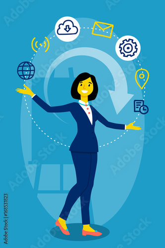 Businessman woman juggling icons. Business concept.