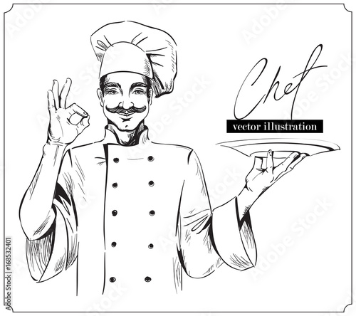 Smiling and happy chef with plate. Vector hand drawn illustration on white background.