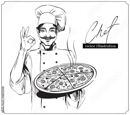 Smiling and happy chef with pizza. Vector hand drawn illustration on white background.