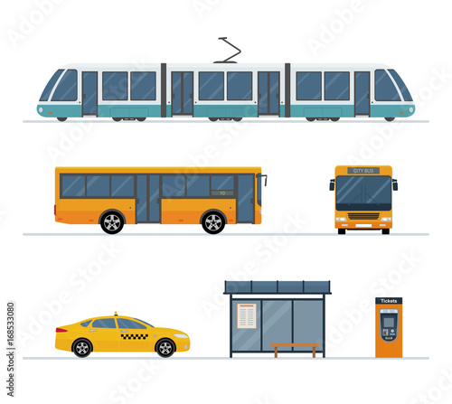 Flat style public transport. Set of city bus, taxi, tram and  bus stop isolated on white background. Vector illustration. 
