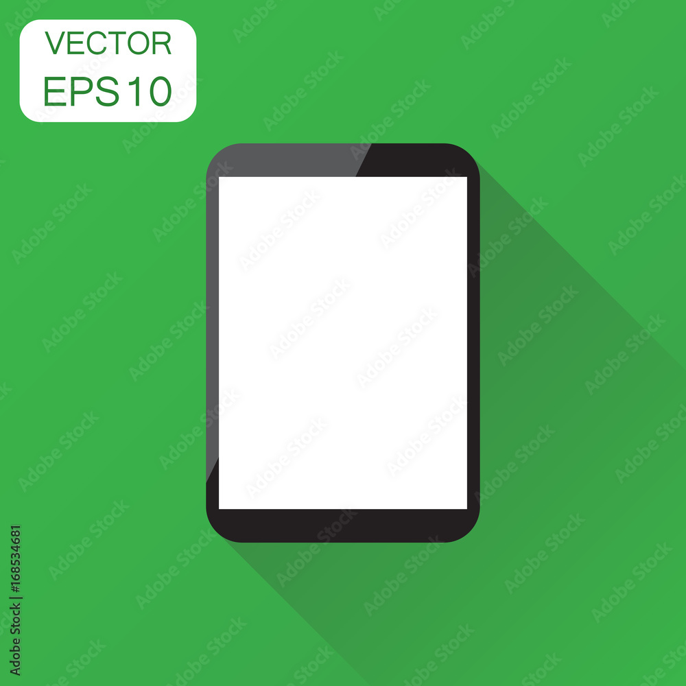 Tablet with white screen icon. Business concept computer pictogram. Vector illustration on green background with long shadow. Tablet with white screen icon. Business concept computer pictogram. Vector illustration on green background with long shadow.