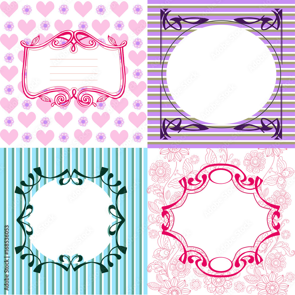 Set of frames and cute seamless backgrounds butterflies and hearts Set of frames and cute seamless backgrounds butterflies and hearts
