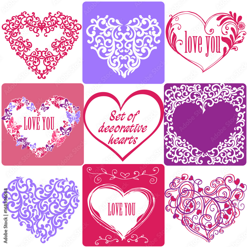 Multicolored set of greeting cards with hearts. Vector illustration