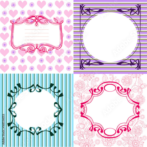 Set of frames and cute seamless backgrounds butterflies and hearts