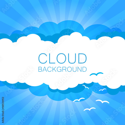 Clouds in the sky with sun rays. Flat vector illustration in cartoon style. Blue colorful background.